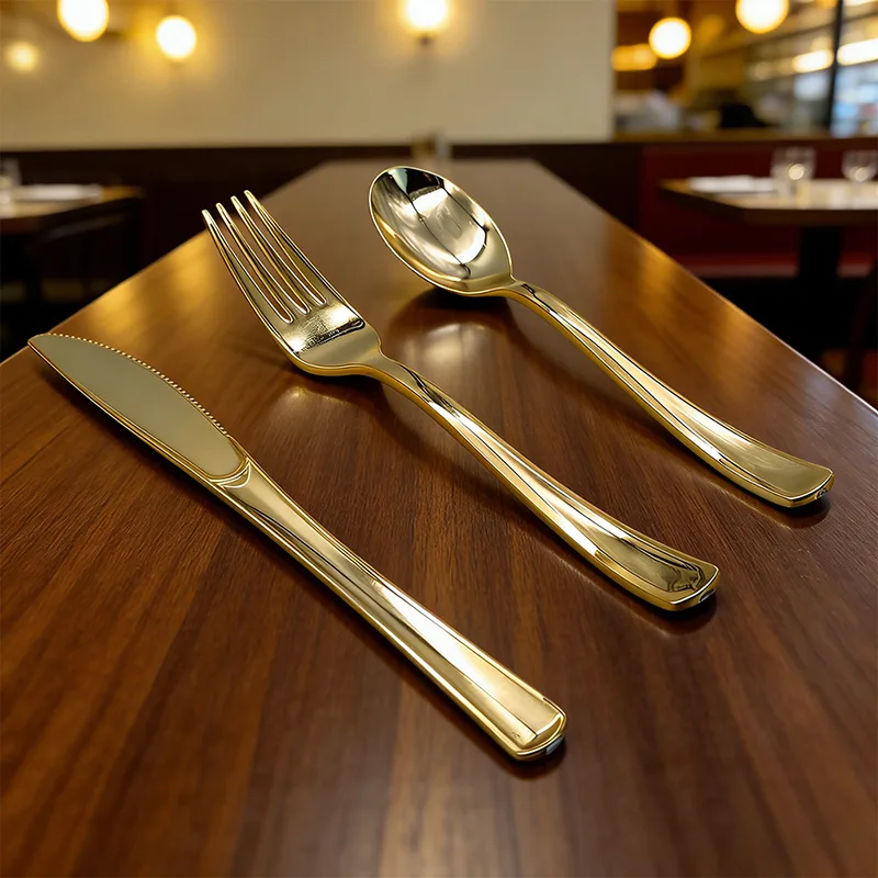 Facas de festa clássicas, garfos, colheres, talheres de plástico