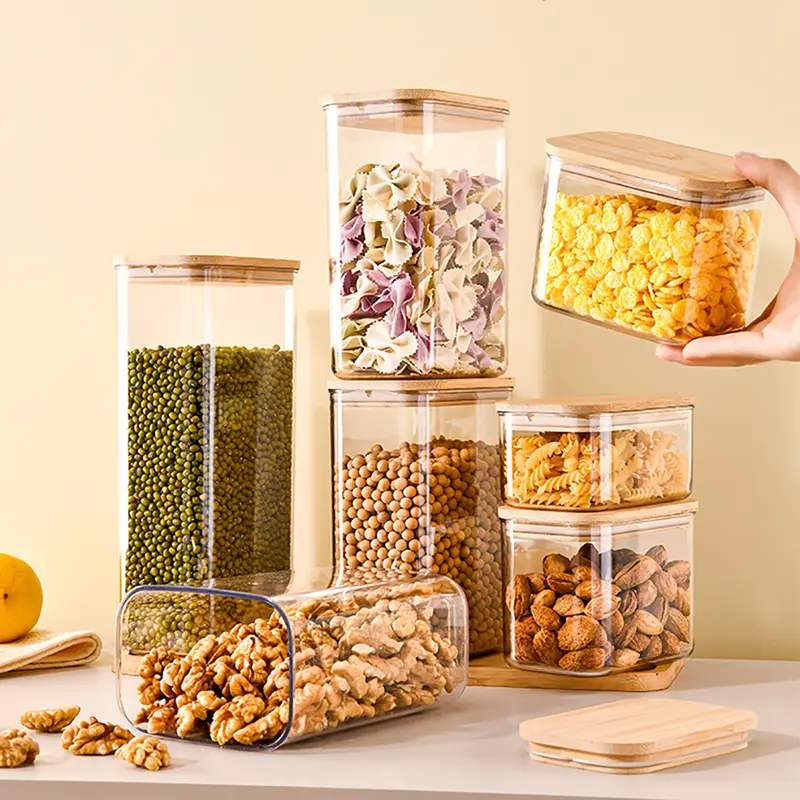 Frasco de armazenamento de plástico com tampa de madeira